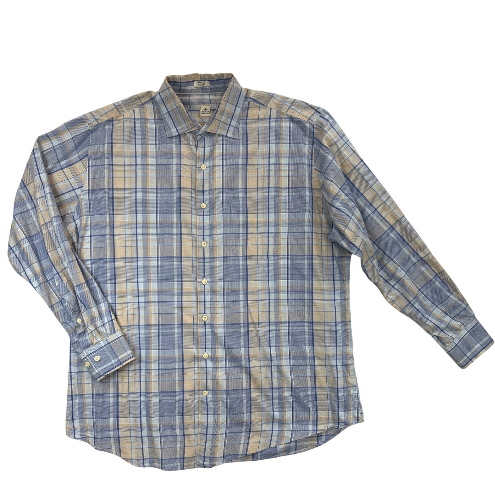 Peter Millar Shirt Mens Xl Blue Yellow Plaid Long Sleeve Button Down 100% Cotton